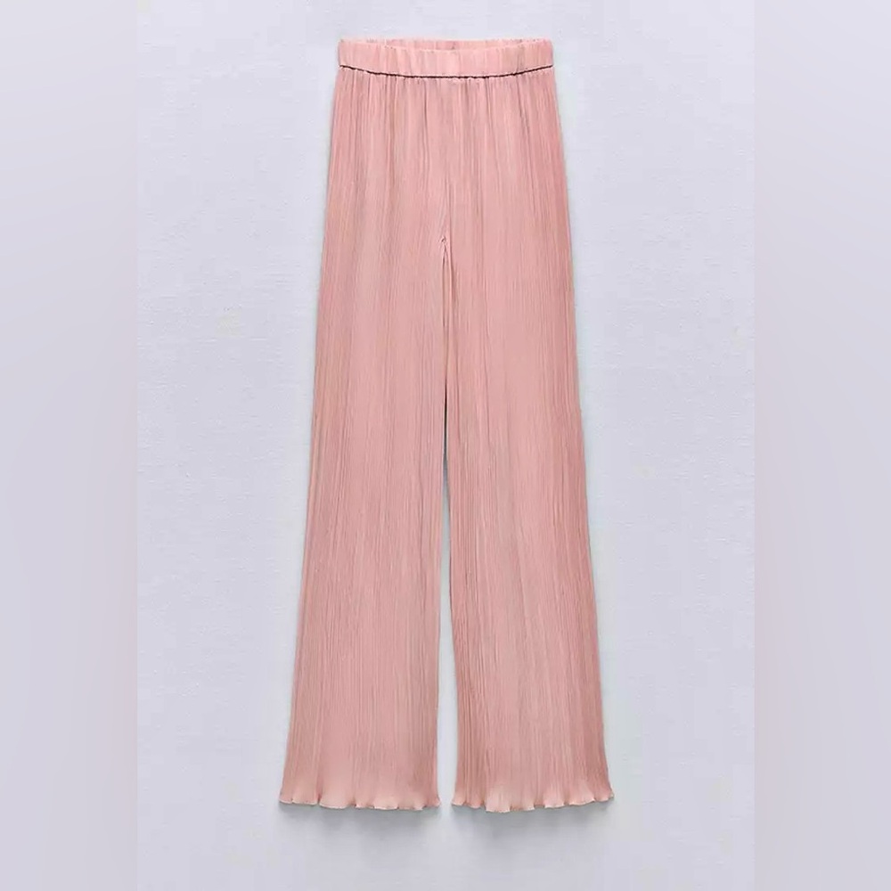 Zara NWT pink pleated plisse flowy summer elastic waistband pants - Picture 5 of 6